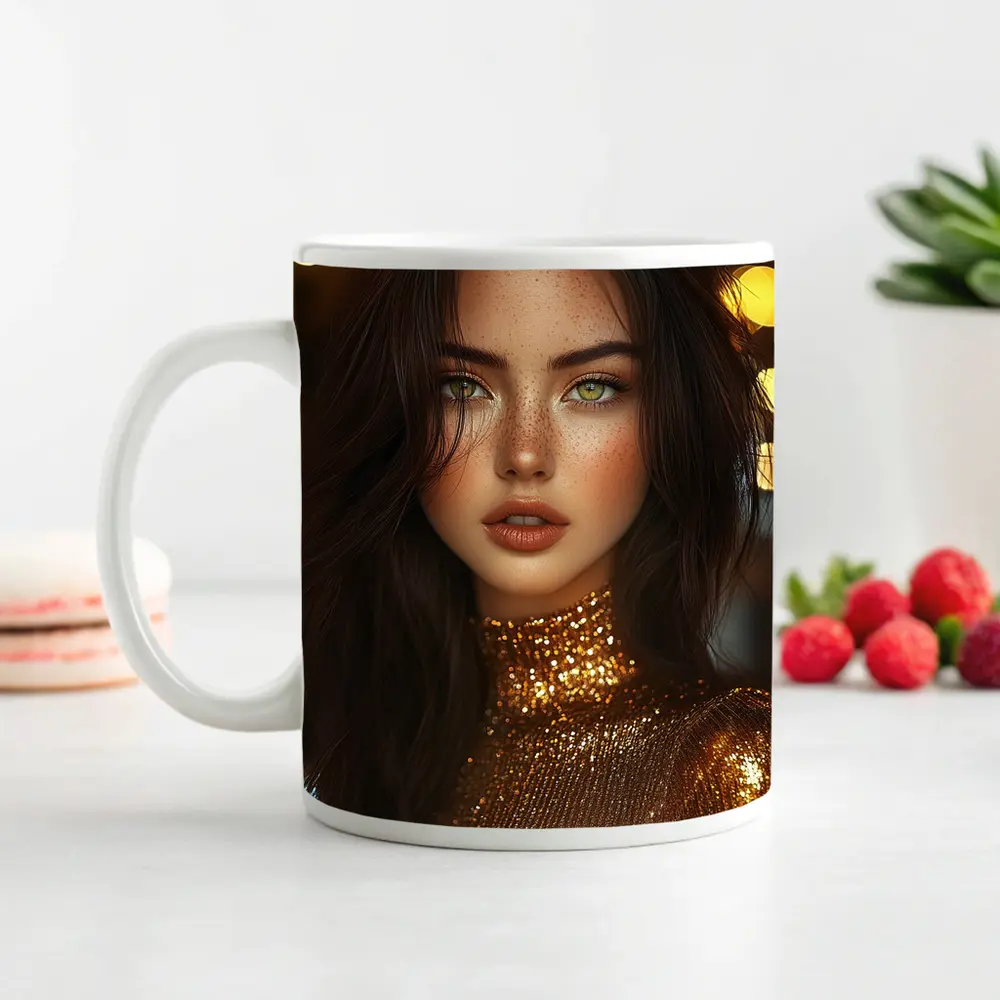 Green Eyed Woman Gold Sequin Bokeh Lights – Mugs