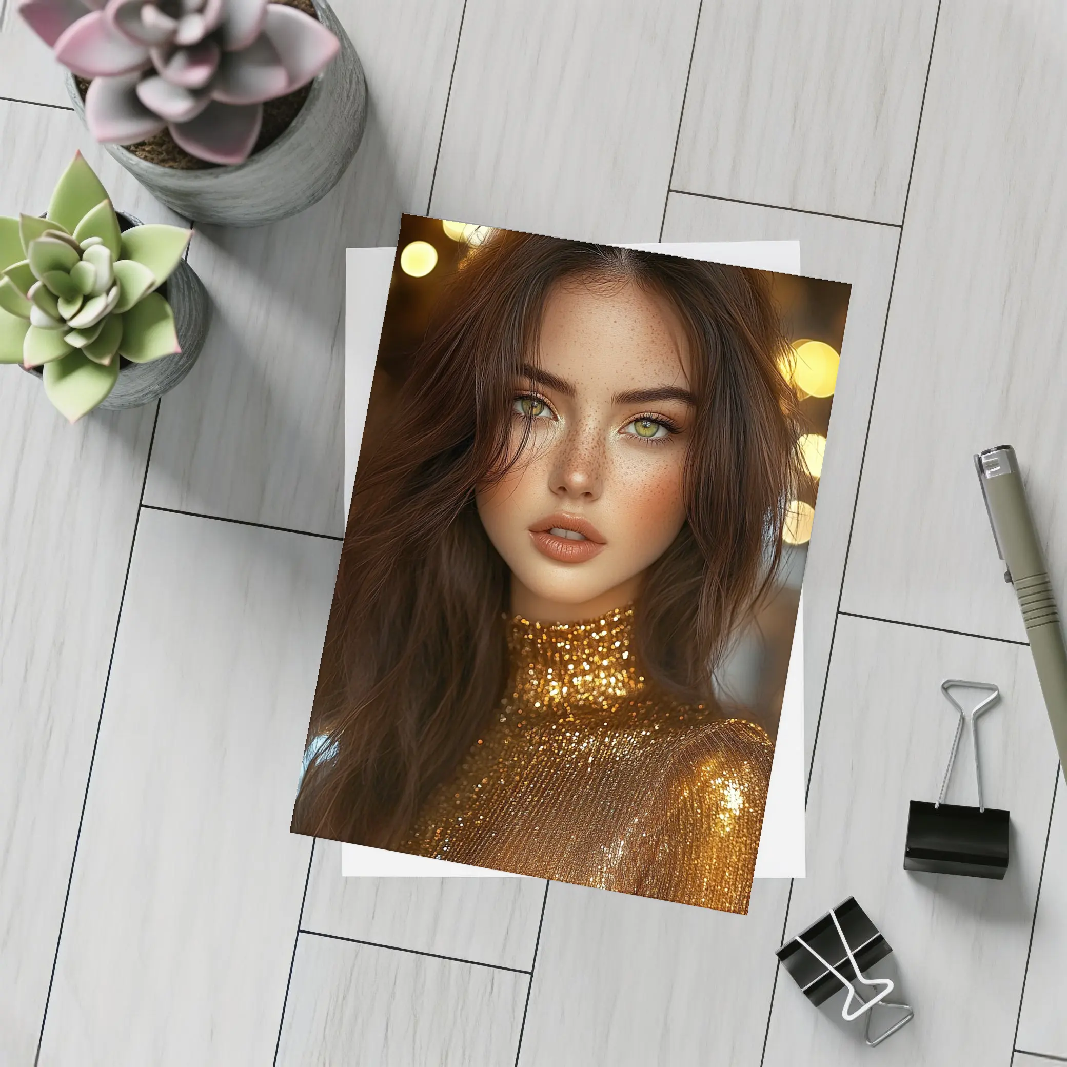 Green Eyed Woman Gold Sequin Bokeh Lights – Postcards
