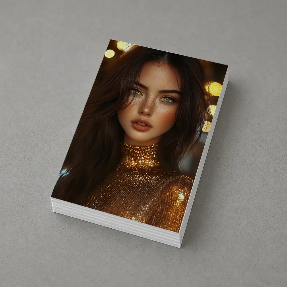 Green Eyed Woman Gold Sequin Bokeh Lights – Postcards