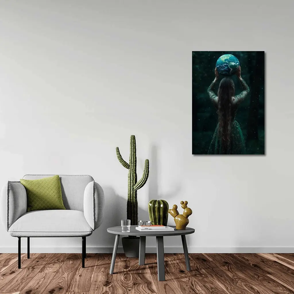 Woman Holding Earth Globe Dark Forest – Wall Art