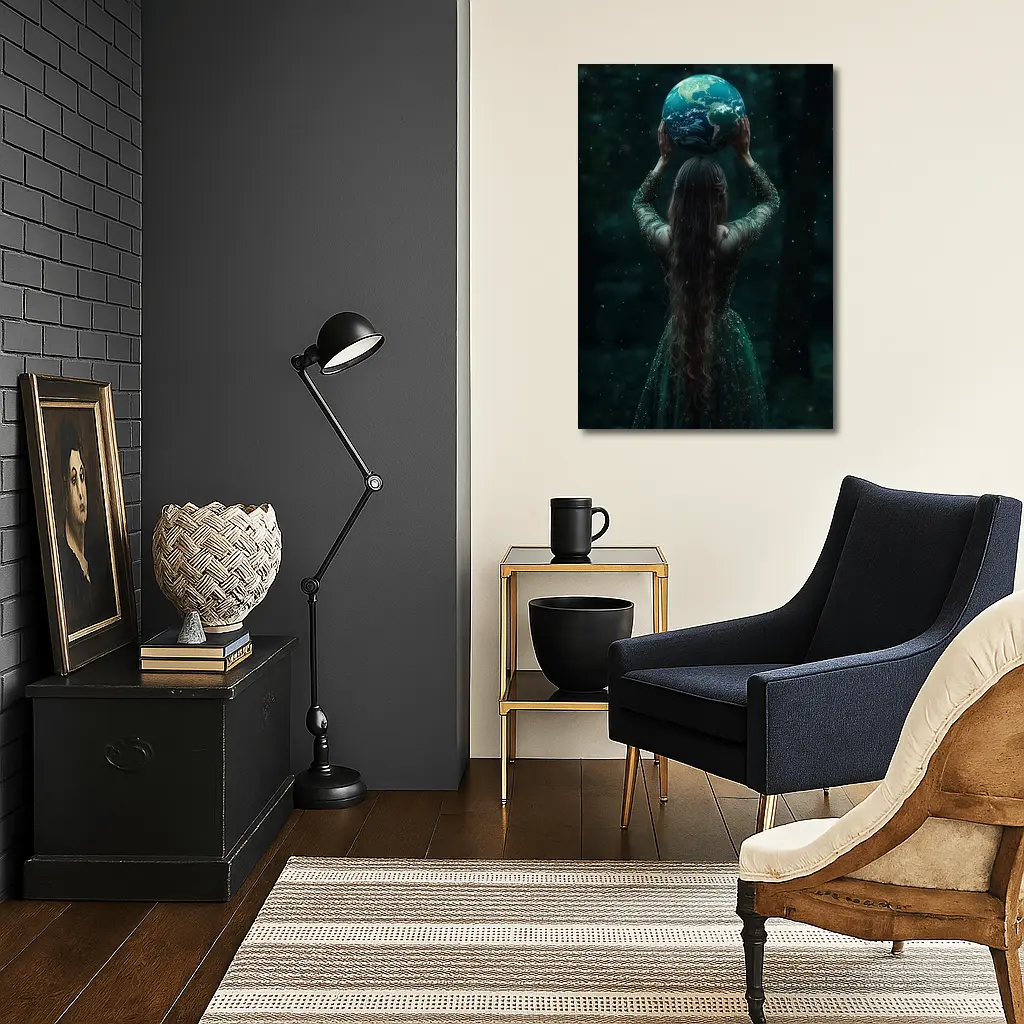 Woman Holding Earth Globe Dark Forest – Wall Art