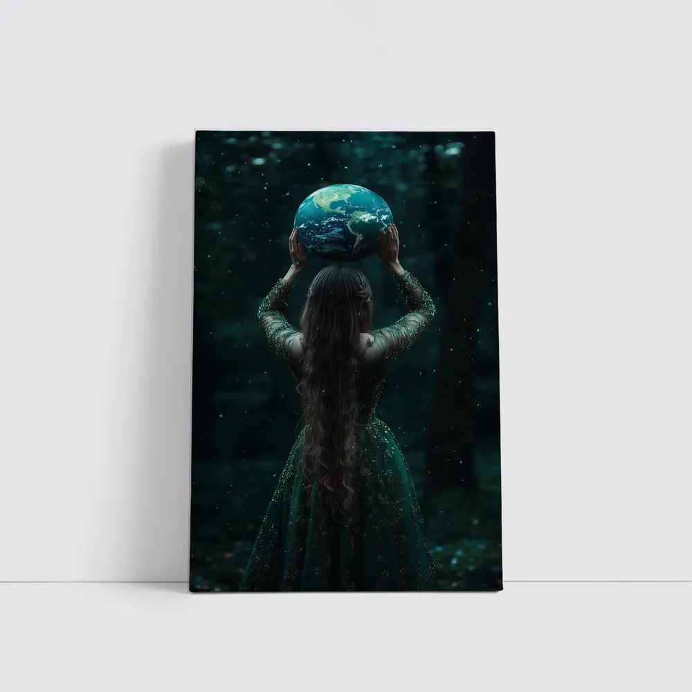 Woman Holding Earth Globe Dark Forest – Wall Art
