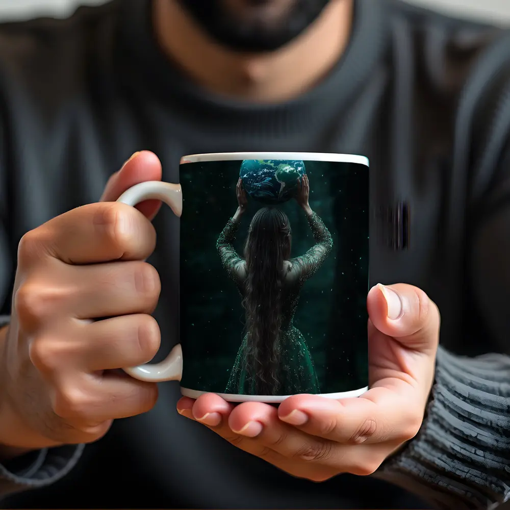 Woman Holding Earth Globe Dark Forest – Mugs