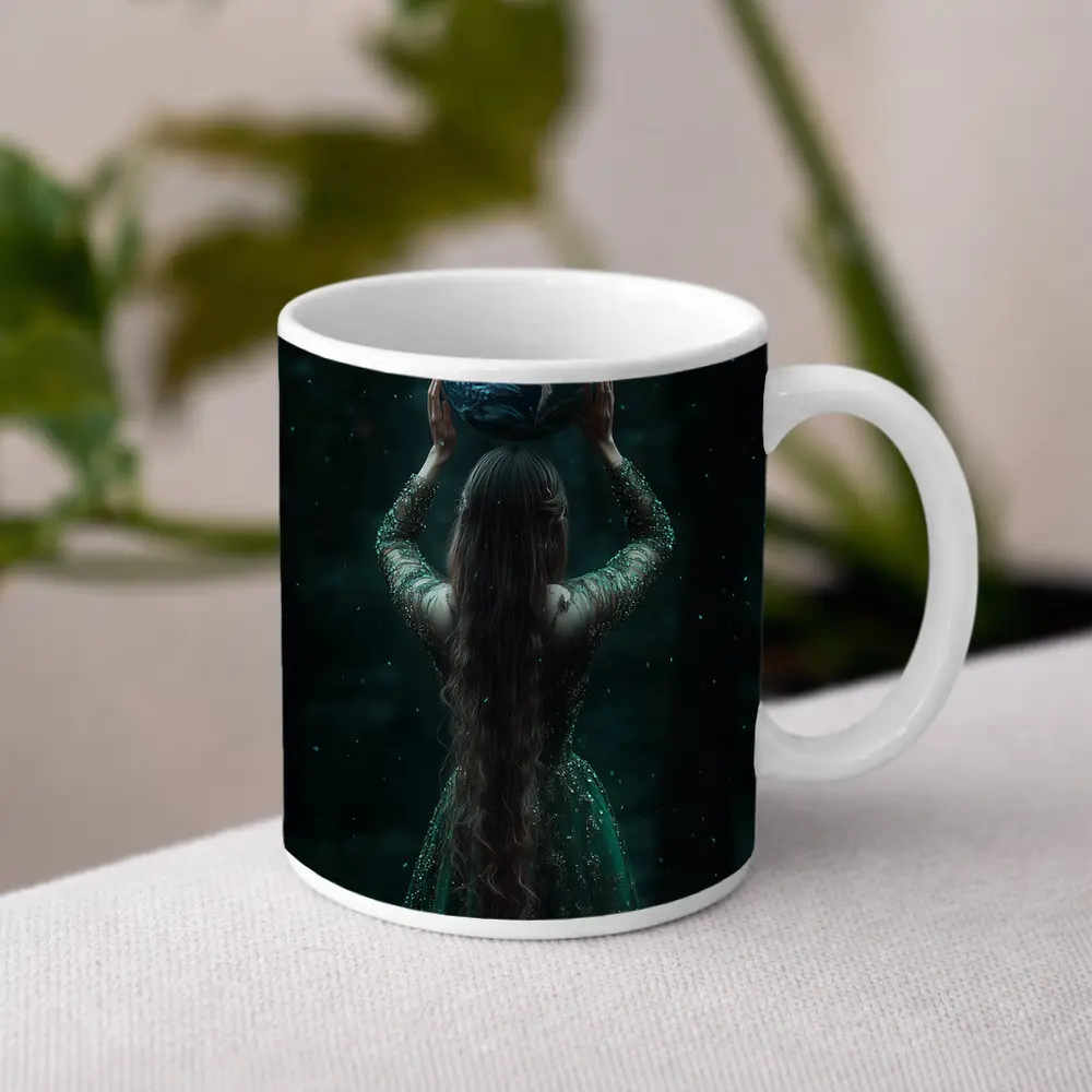 Woman Holding Earth Globe Dark Forest – Mugs