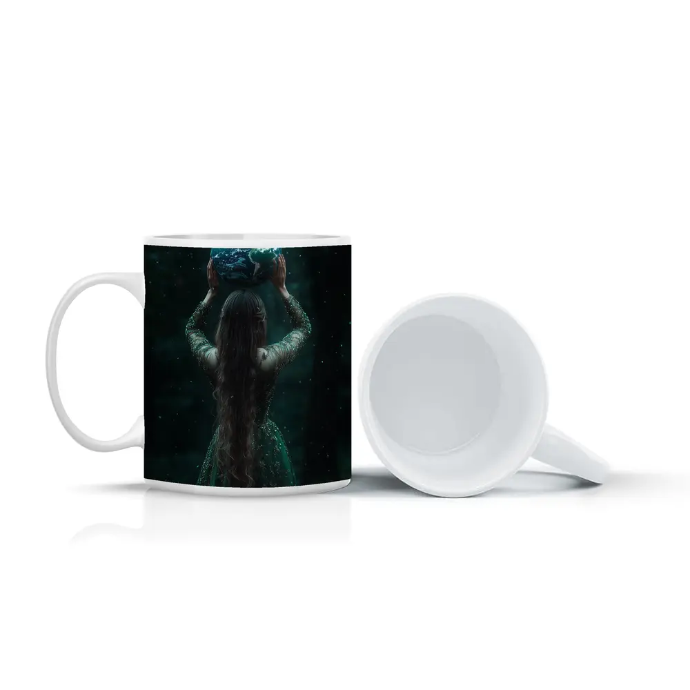 Woman Holding Earth Globe Dark Forest – Mugs