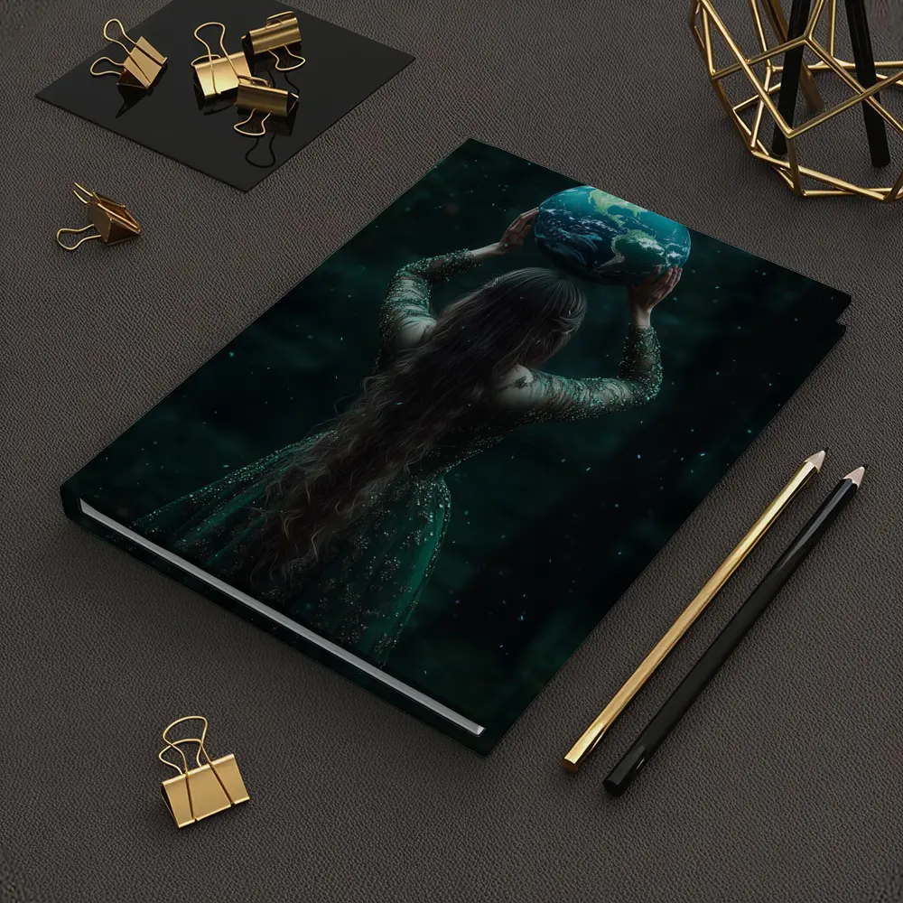 Woman Holding Earth Globe Dark Forest – Notebooks