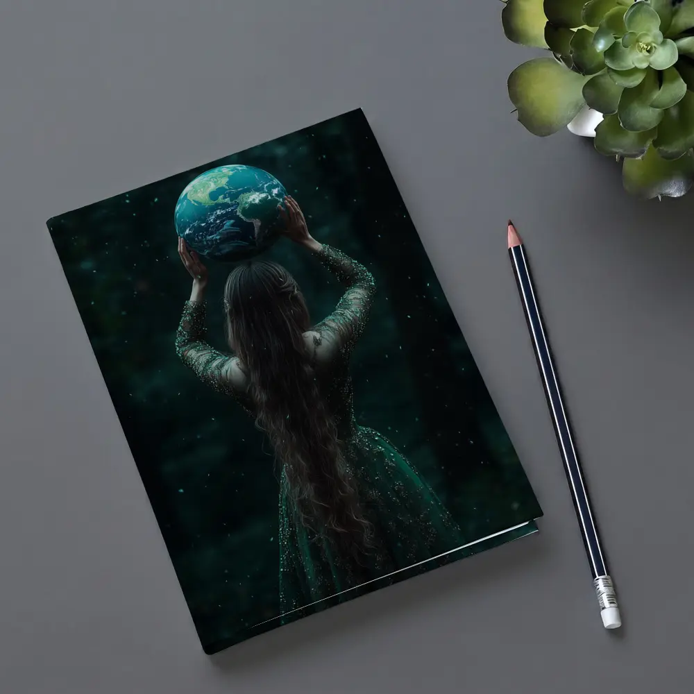 Woman Holding Earth Globe Dark Forest – Notebooks