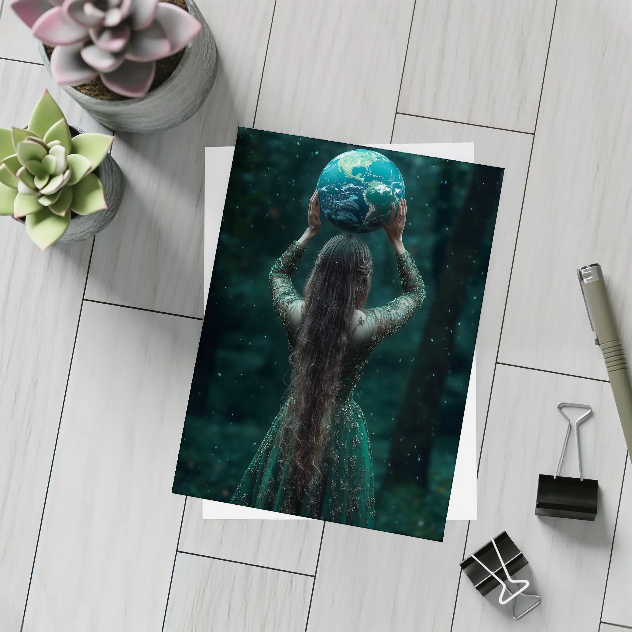 Woman Holding Earth Globe Dark Forest – Postcards