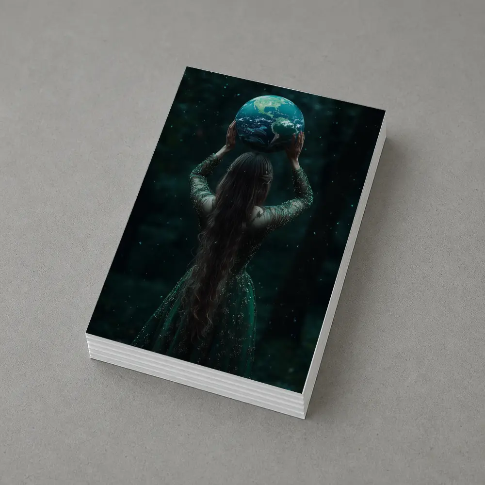 Woman Holding Earth Globe Dark Forest – Postcards