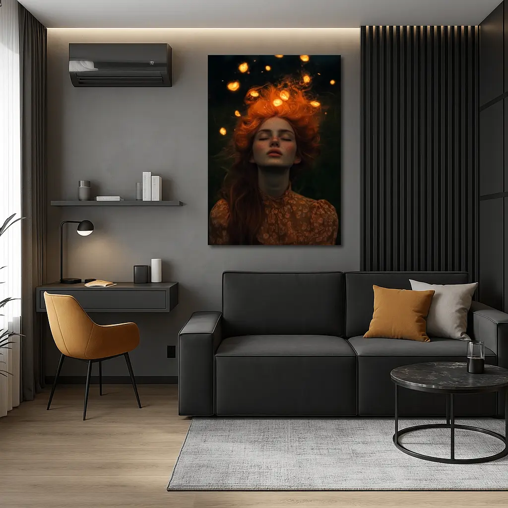 Red Haired Woman Glowing Lights Dark Night – Wall Art