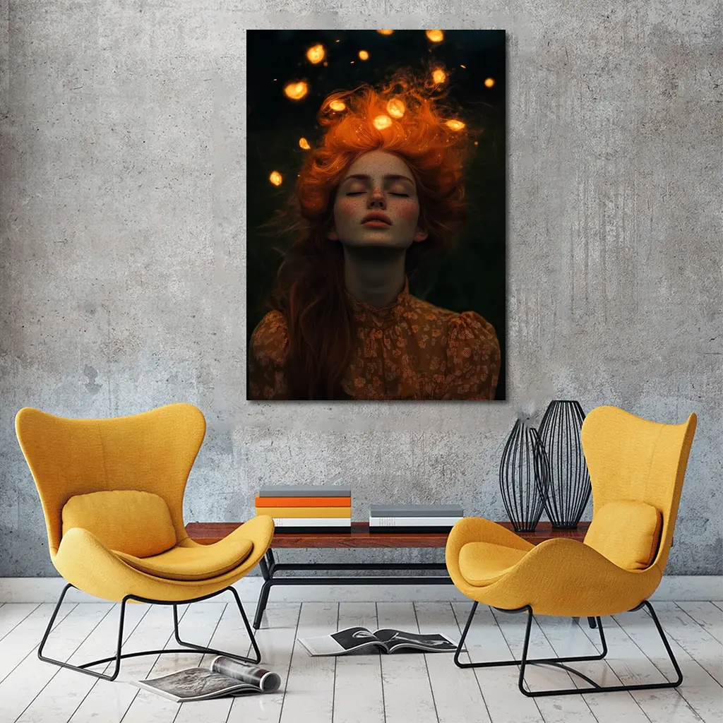 Red Haired Woman Glowing Lights Dark Night – Wall Art