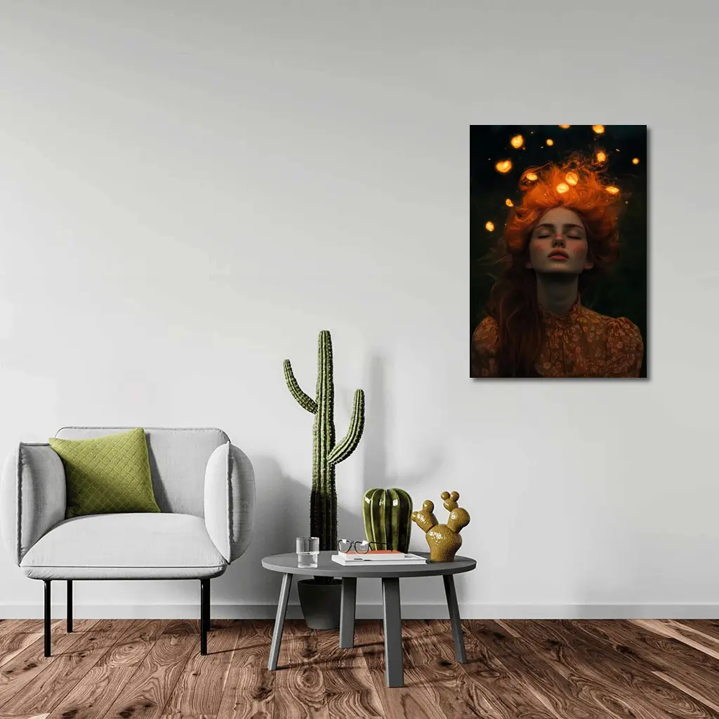 Red Haired Woman Glowing Lights Dark Night – Wall Art