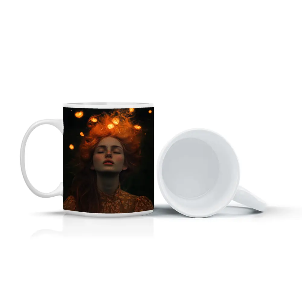Red Haired Woman Glowing Lights Dark Night – Mugs
