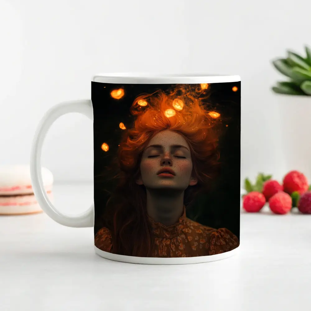 Red Haired Woman Glowing Lights Dark Night – Mugs