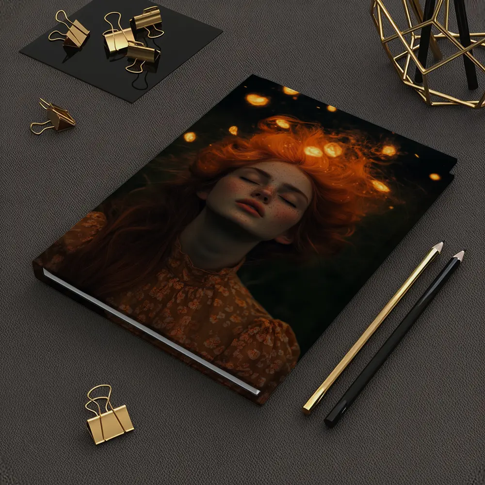 Red Haired Woman Glowing Lights Dark Night – Notebooks