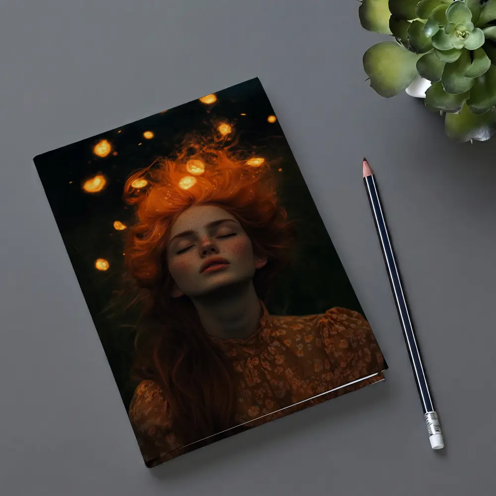 Red Haired Woman Glowing Lights Dark Night – Notebooks