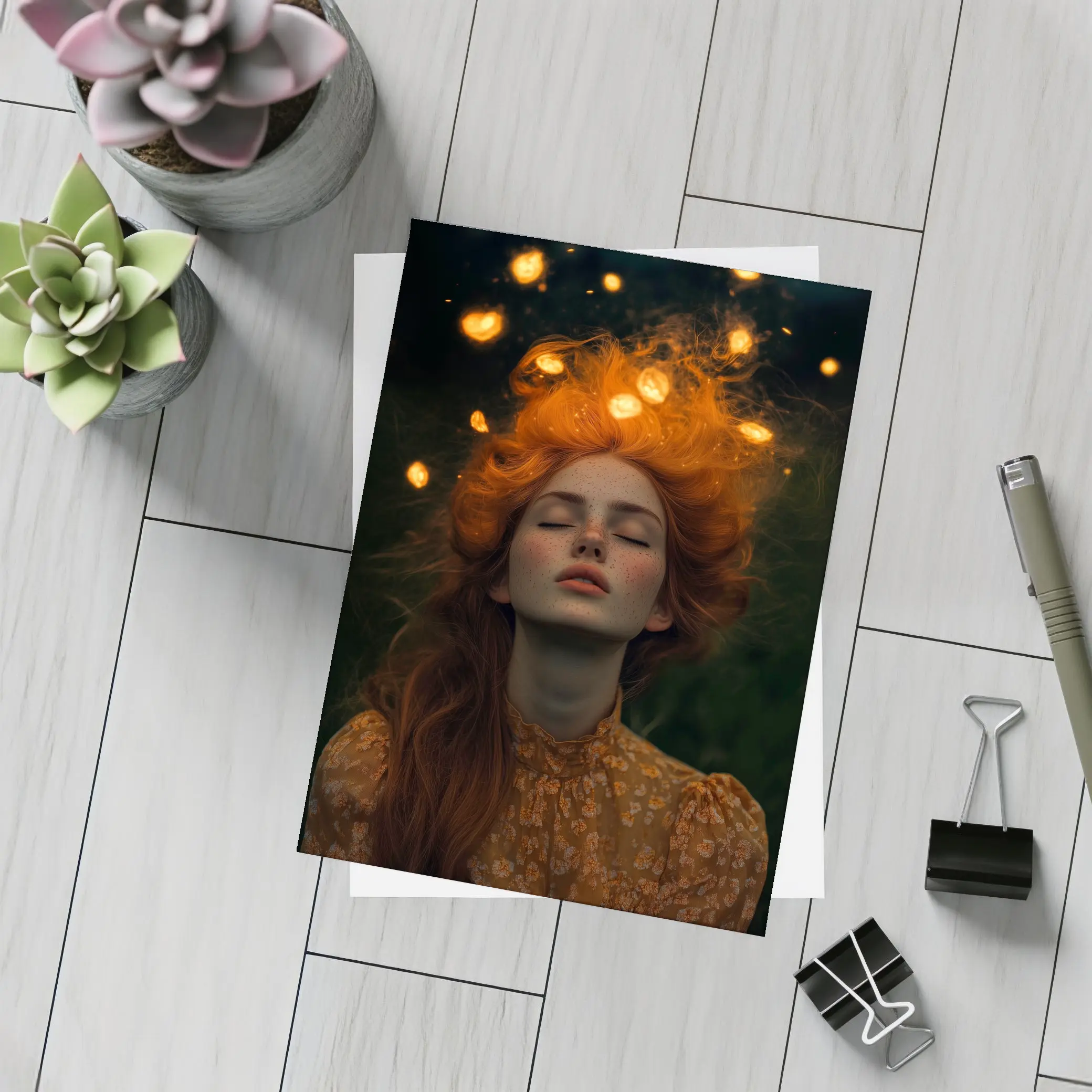 Red Haired Woman Glowing Lights Dark Night – Postcards