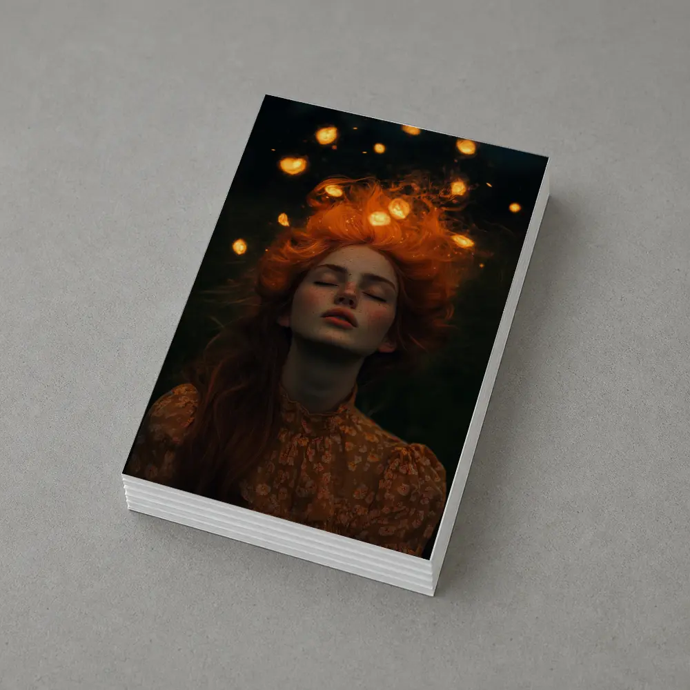 Red Haired Woman Glowing Lights Dark Night – Postcards
