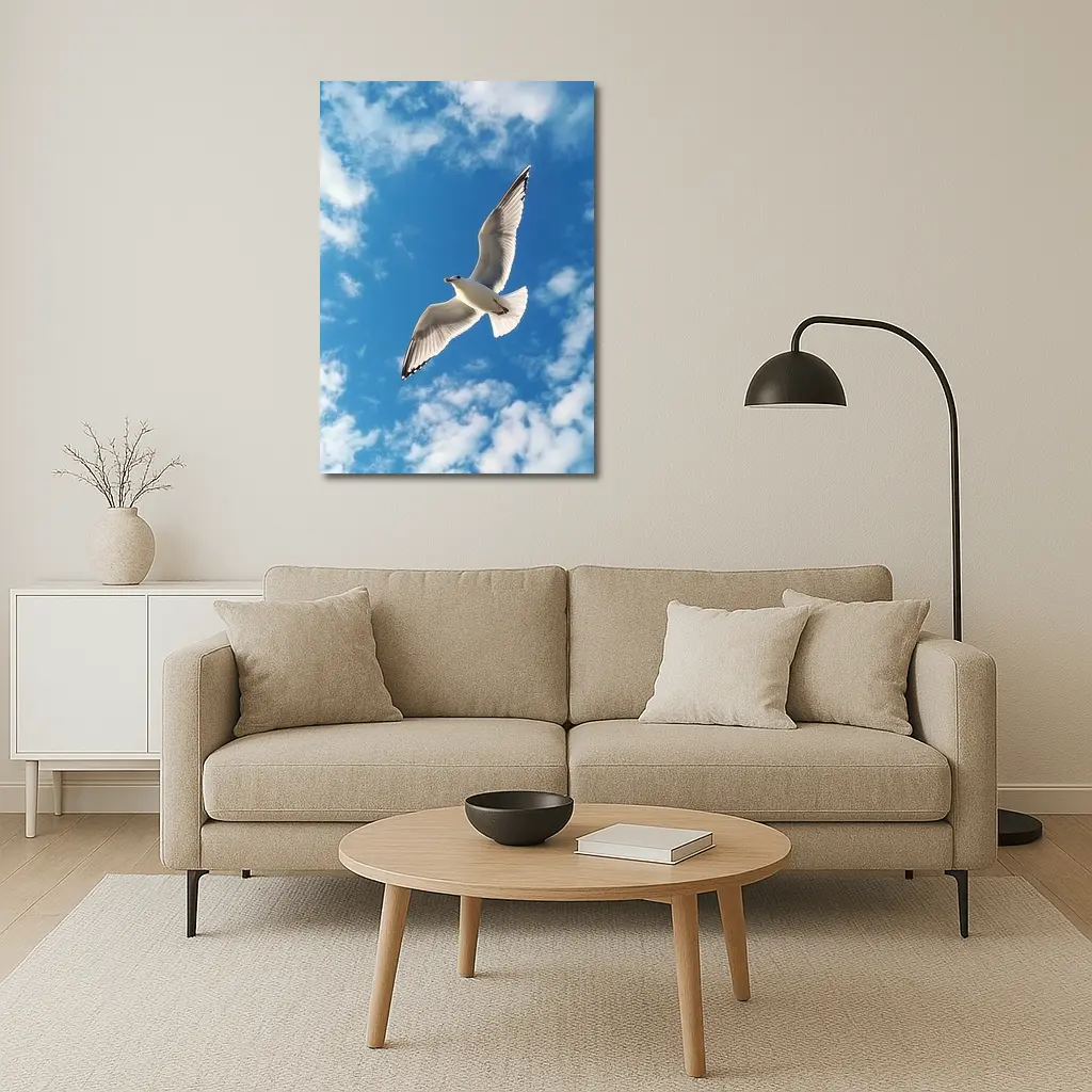 Seagull Flying Against Blue Cloudy Sky – Wall Art