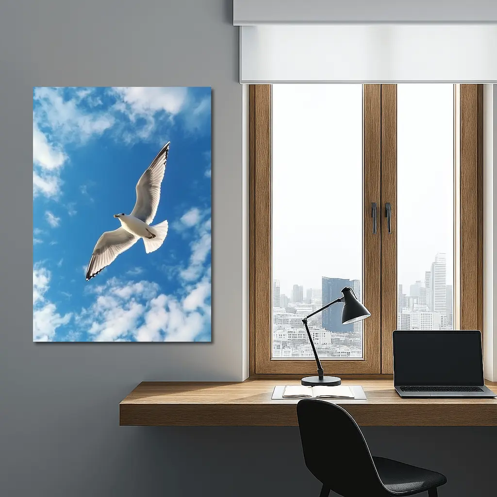 Seagull Flying Against Blue Cloudy Sky – Wall Art