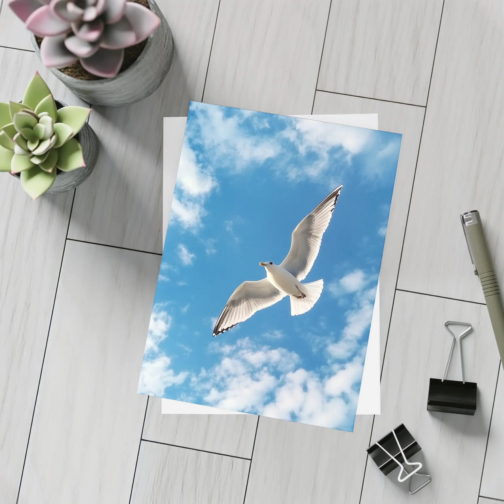 Seagull Flying Against Blue Cloudy Sky – Postcards