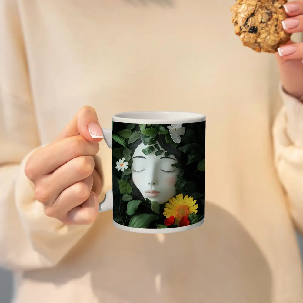 Serene Woman Face Surrounded By Flowers – Mugs