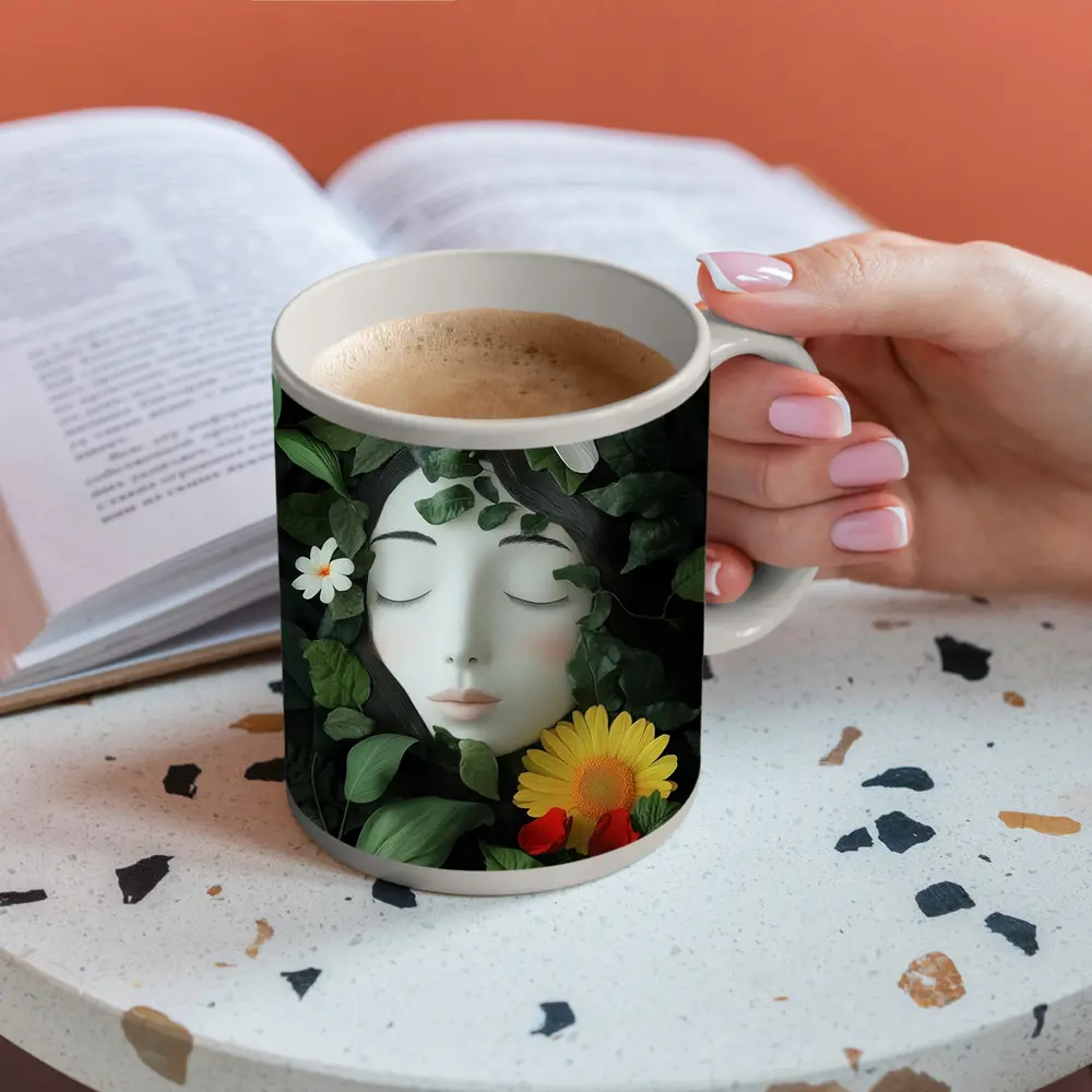 Serene Woman Face Surrounded By Flowers – Mugs