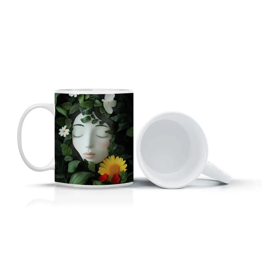 Serene Woman Face Surrounded By Flowers – Mugs