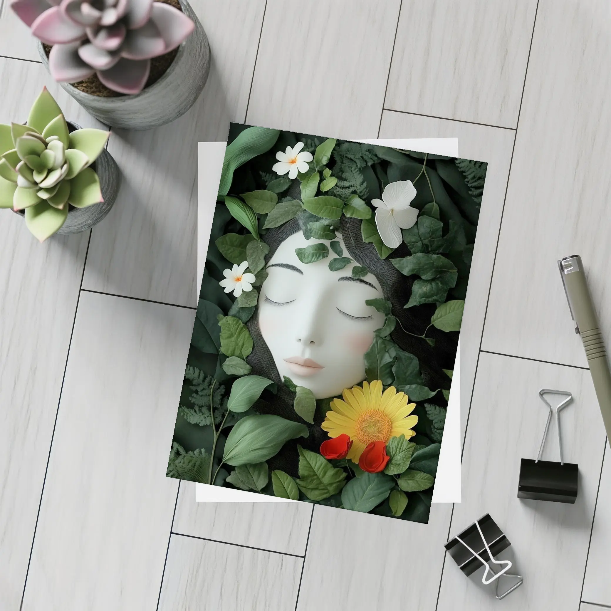 Serene Woman Face Surrounded By Flowers – Postcards