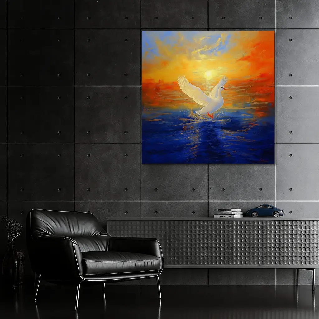 White Swan Taking Flight Sunset Ocean Painting – Wall Art