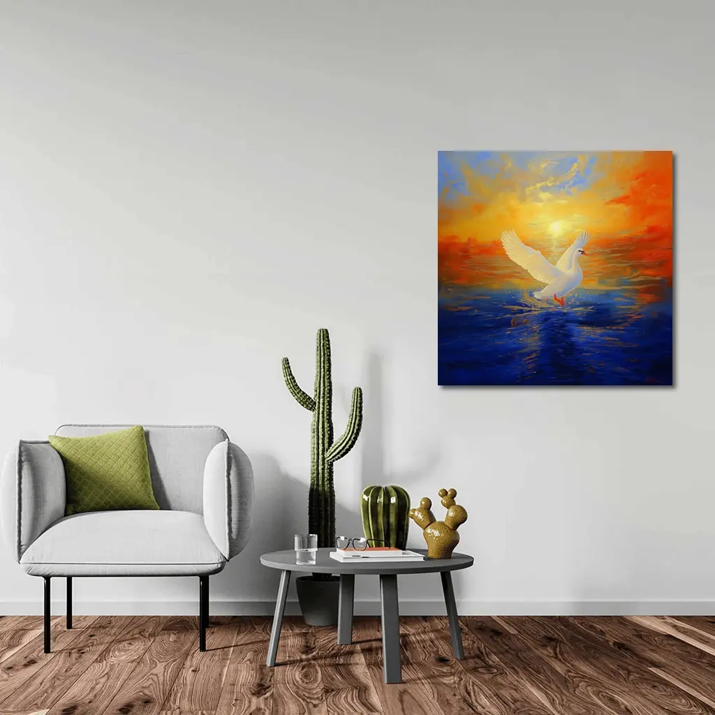 White Swan Taking Flight Sunset Ocean Painting – Wall Art