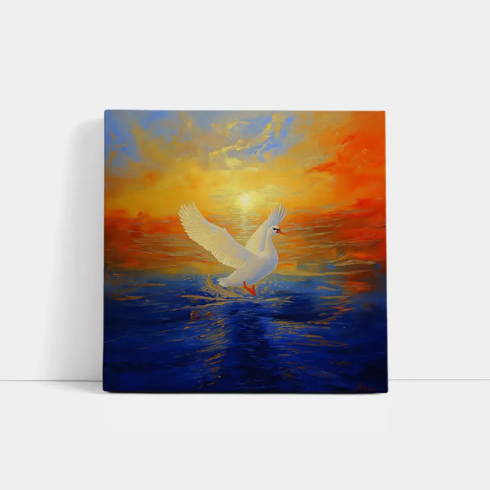 White Swan Taking Flight Sunset Ocean Painting – Wall Art