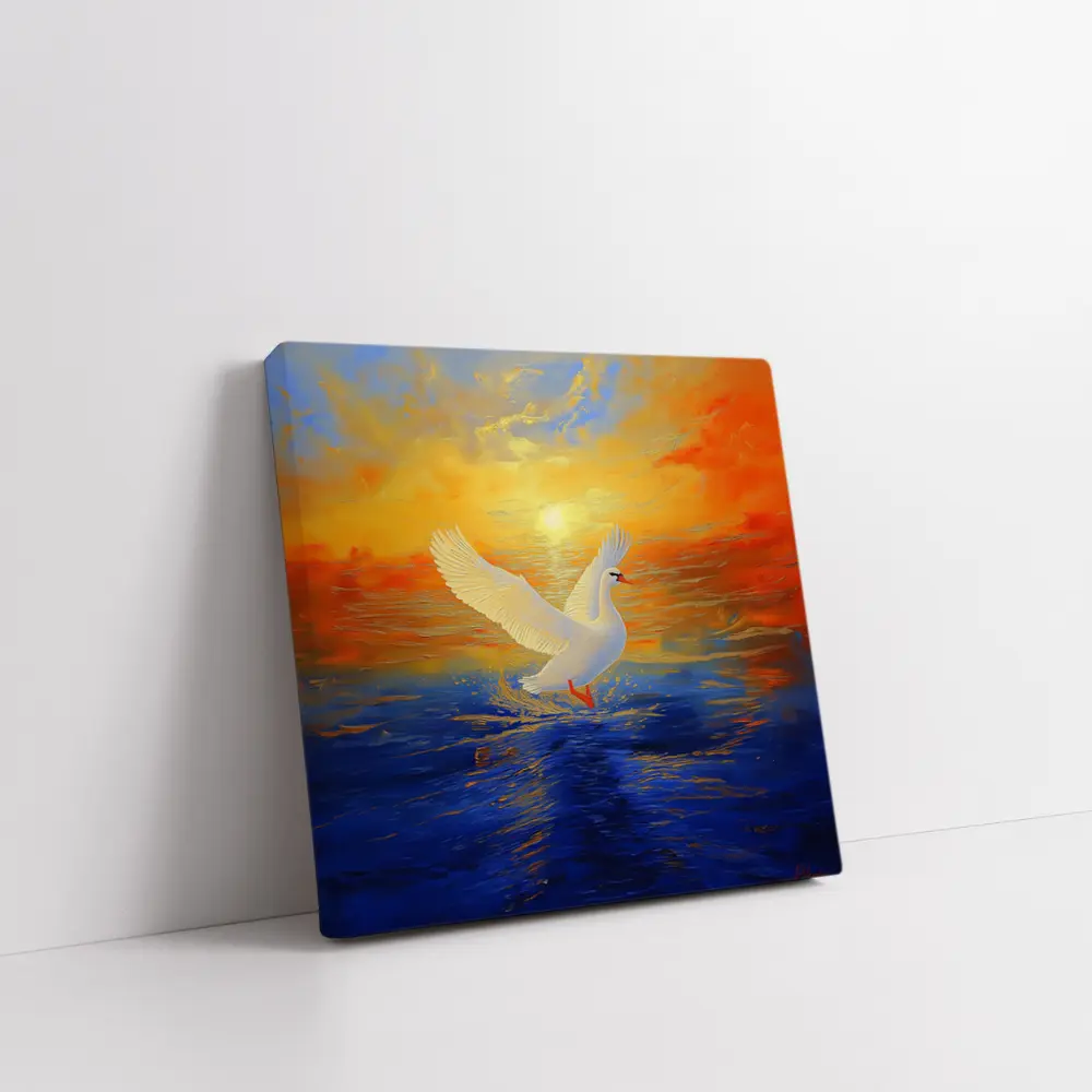 White Swan Taking Flight Sunset Ocean Painting – Wall Art