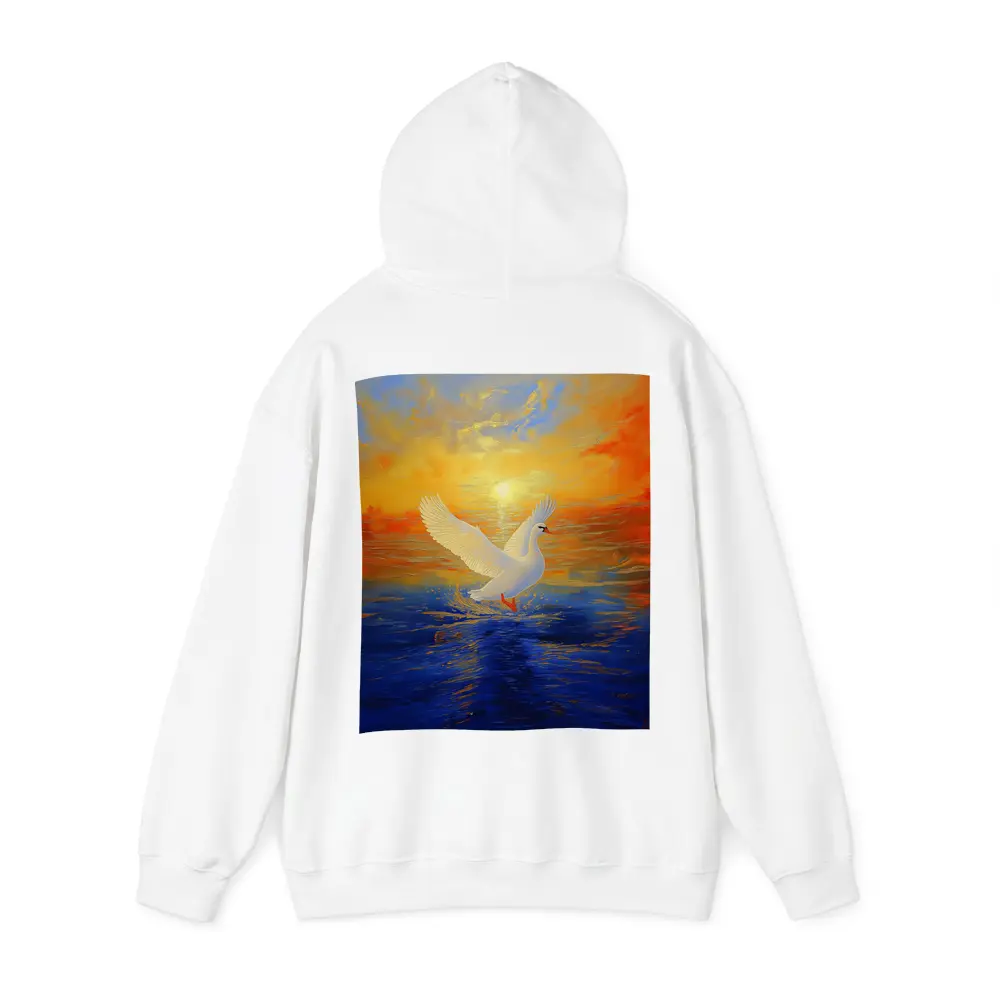 White Swan Taking Flight Sunset Ocean Painting – Hoodies