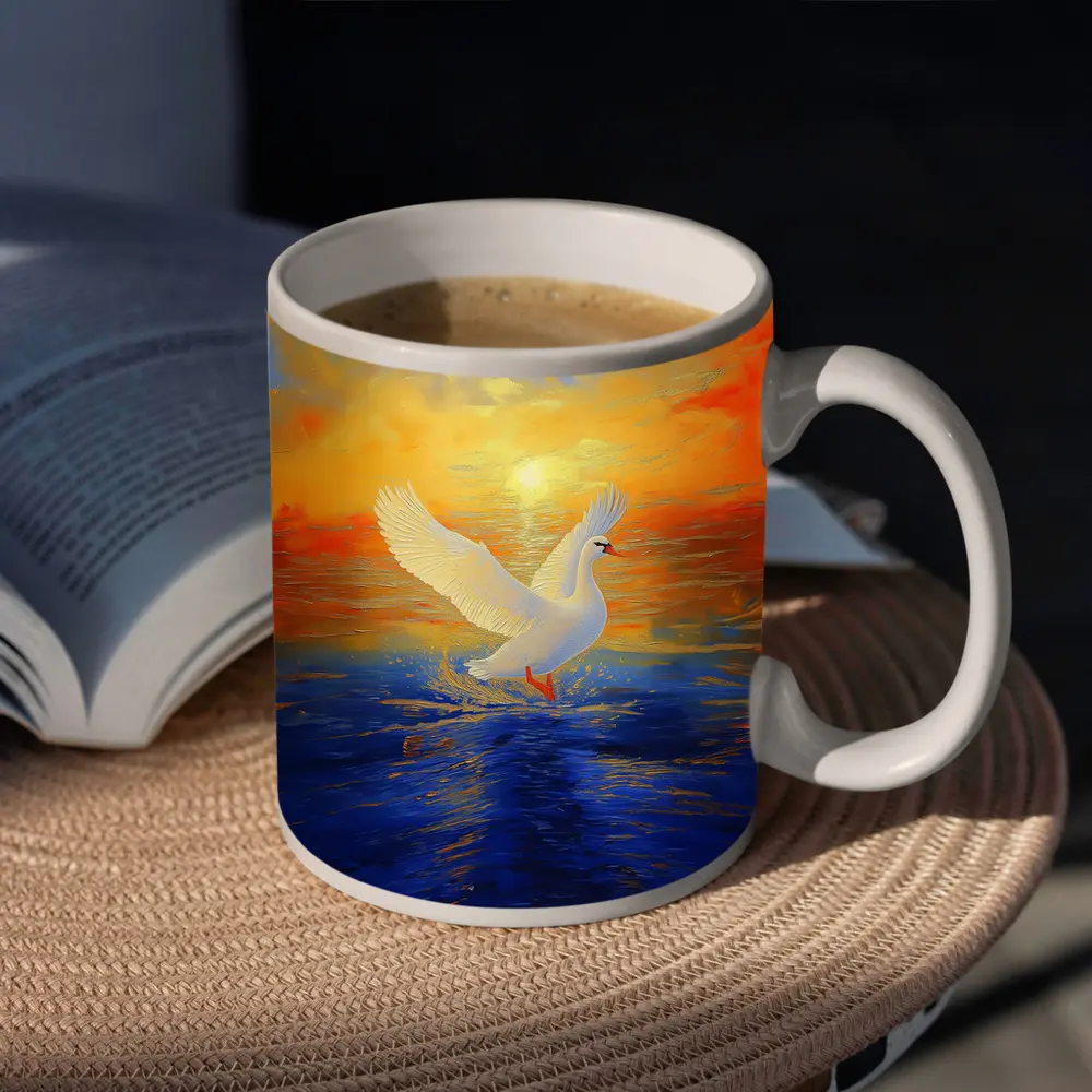 White Swan Taking Flight Sunset Ocean Painting – Mugs
