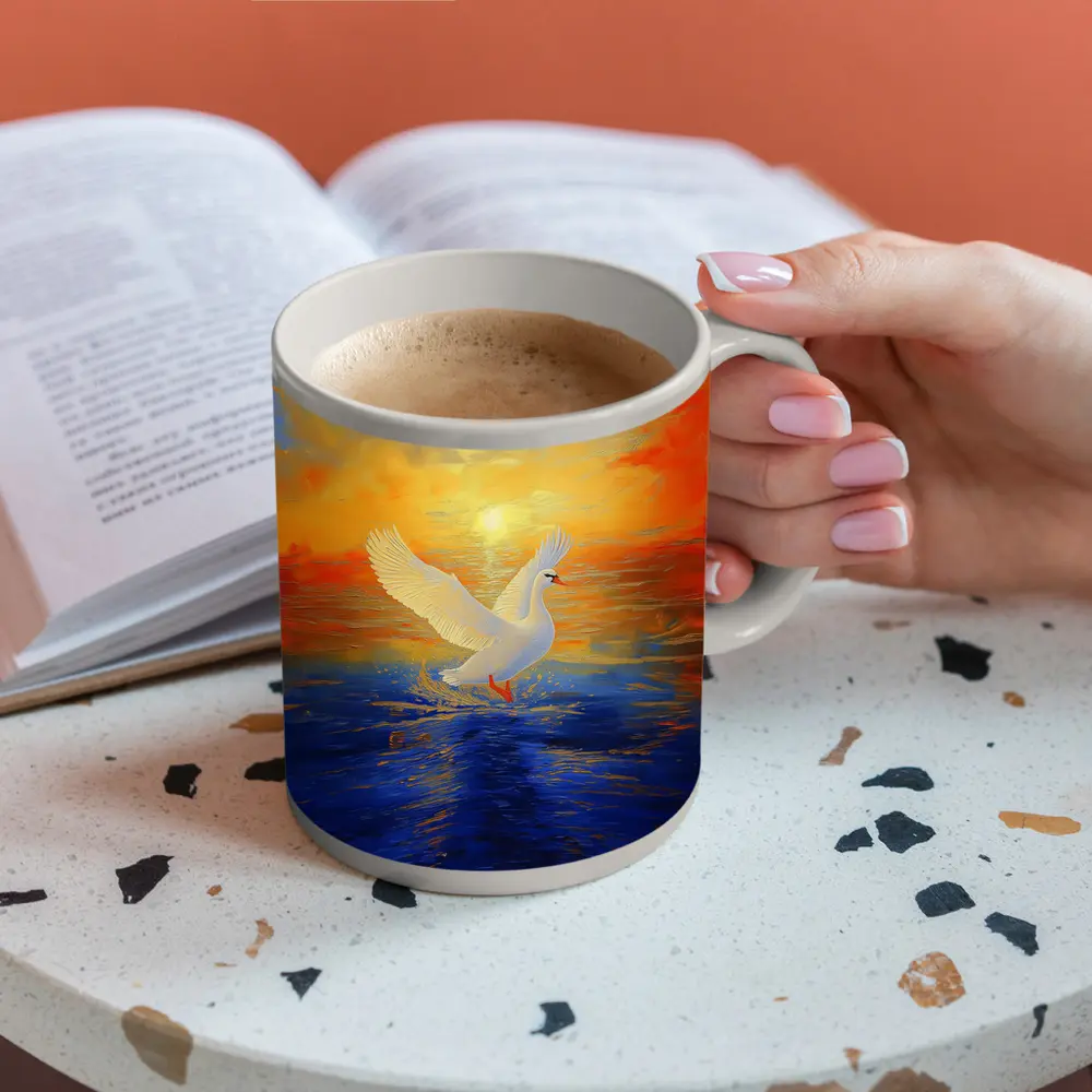 White Swan Taking Flight Sunset Ocean Painting – Mugs