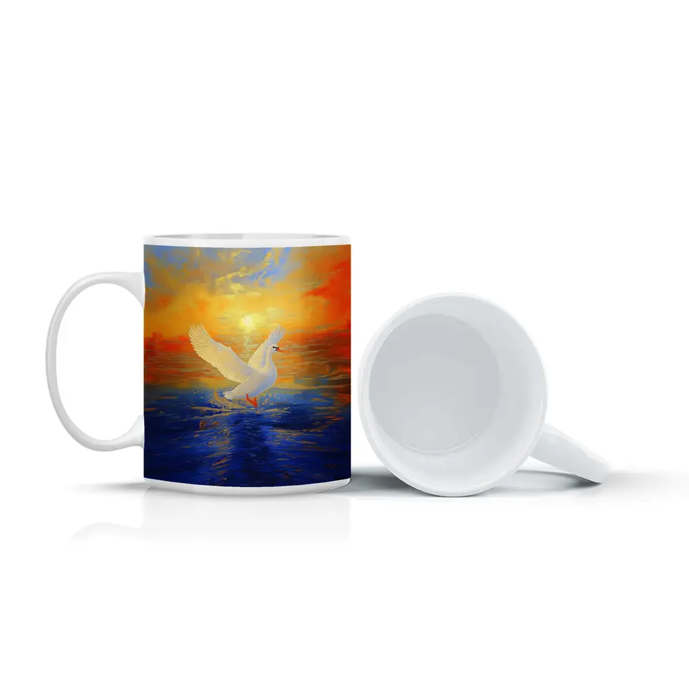 White Swan Taking Flight Sunset Ocean Painting – Mugs