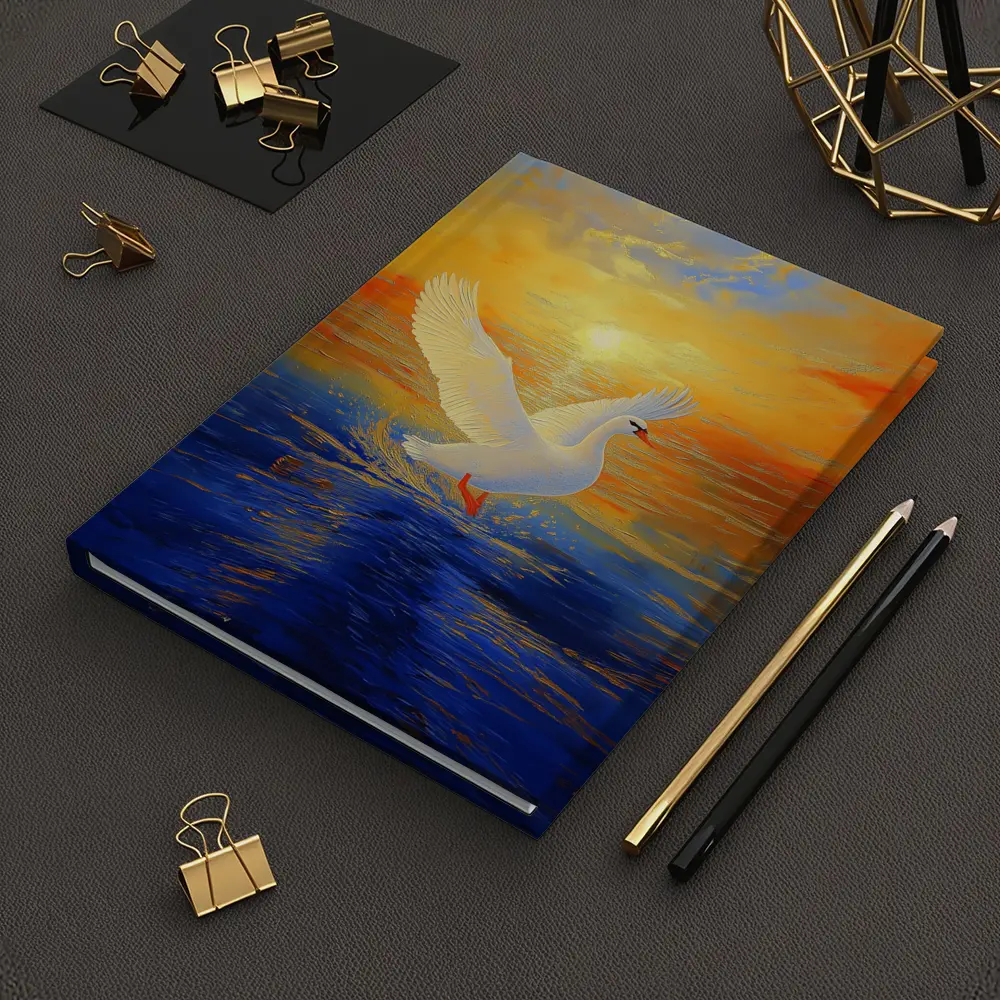White Swan Taking Flight Sunset Ocean Painting – Notebooks