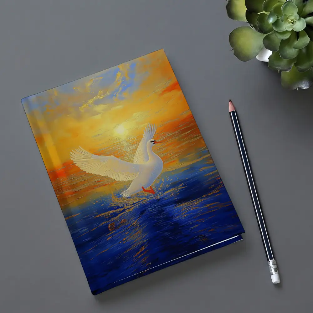 White Swan Taking Flight Sunset Ocean Painting – Notebooks