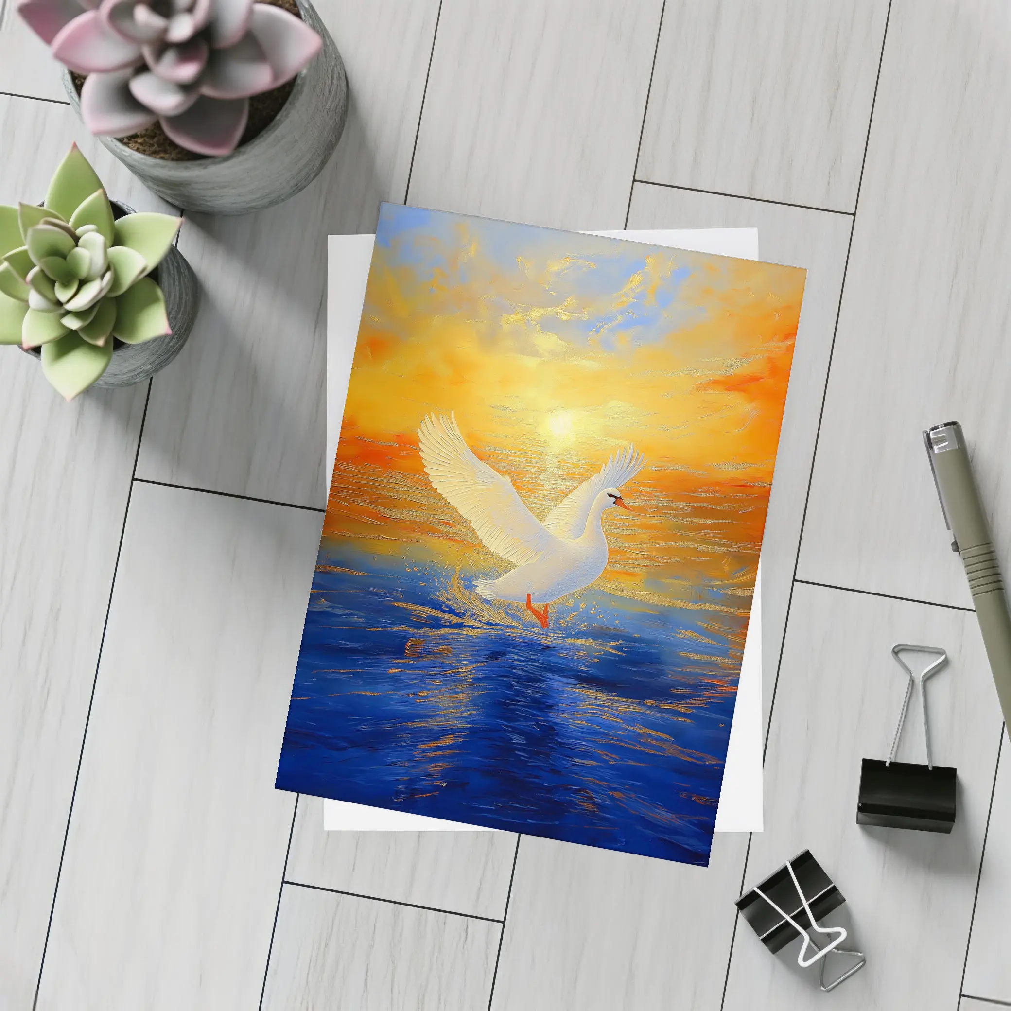 White Swan Taking Flight Sunset Ocean Painting – Postcards