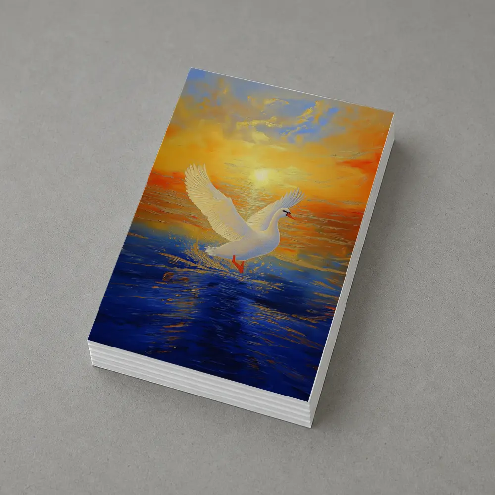 White Swan Taking Flight Sunset Ocean Painting – Postcards