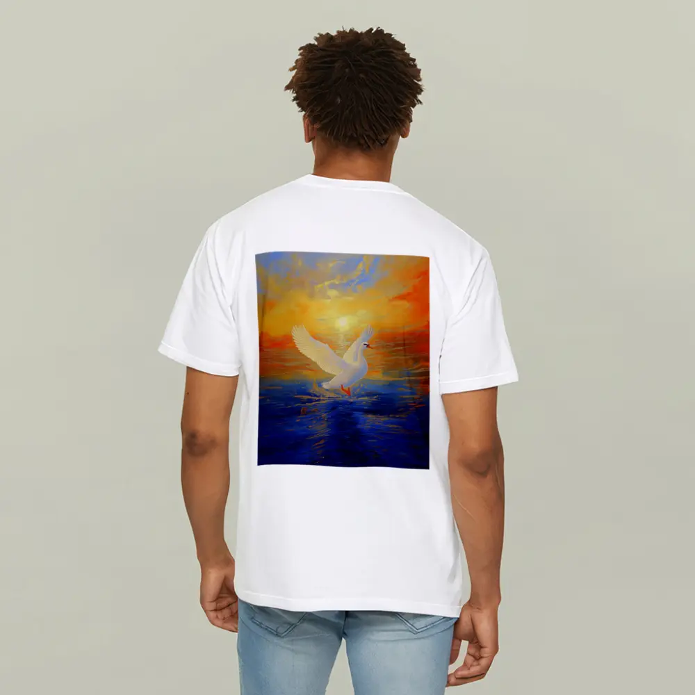 White Swan Taking Flight Sunset Ocean Painting – T-Shirts