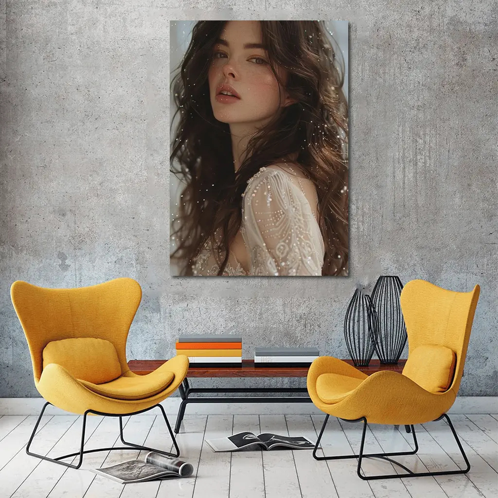 Dark Hair Woman White Lace Dress Portrait – Wall Art