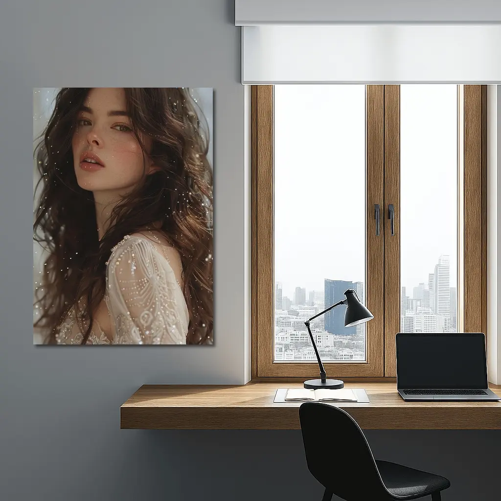 Dark Hair Woman White Lace Dress Portrait – Wall Art