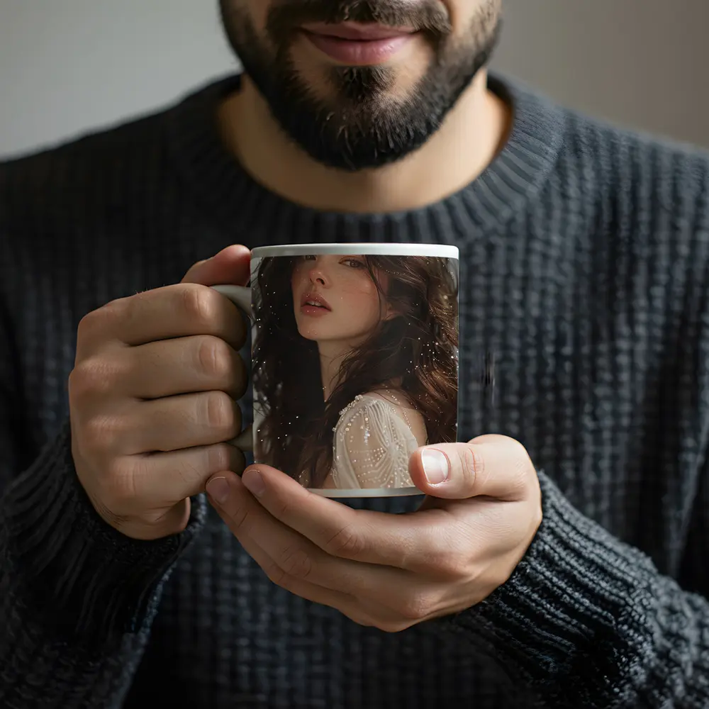 Dark Hair Woman White Lace Dress Portrait – Mugs