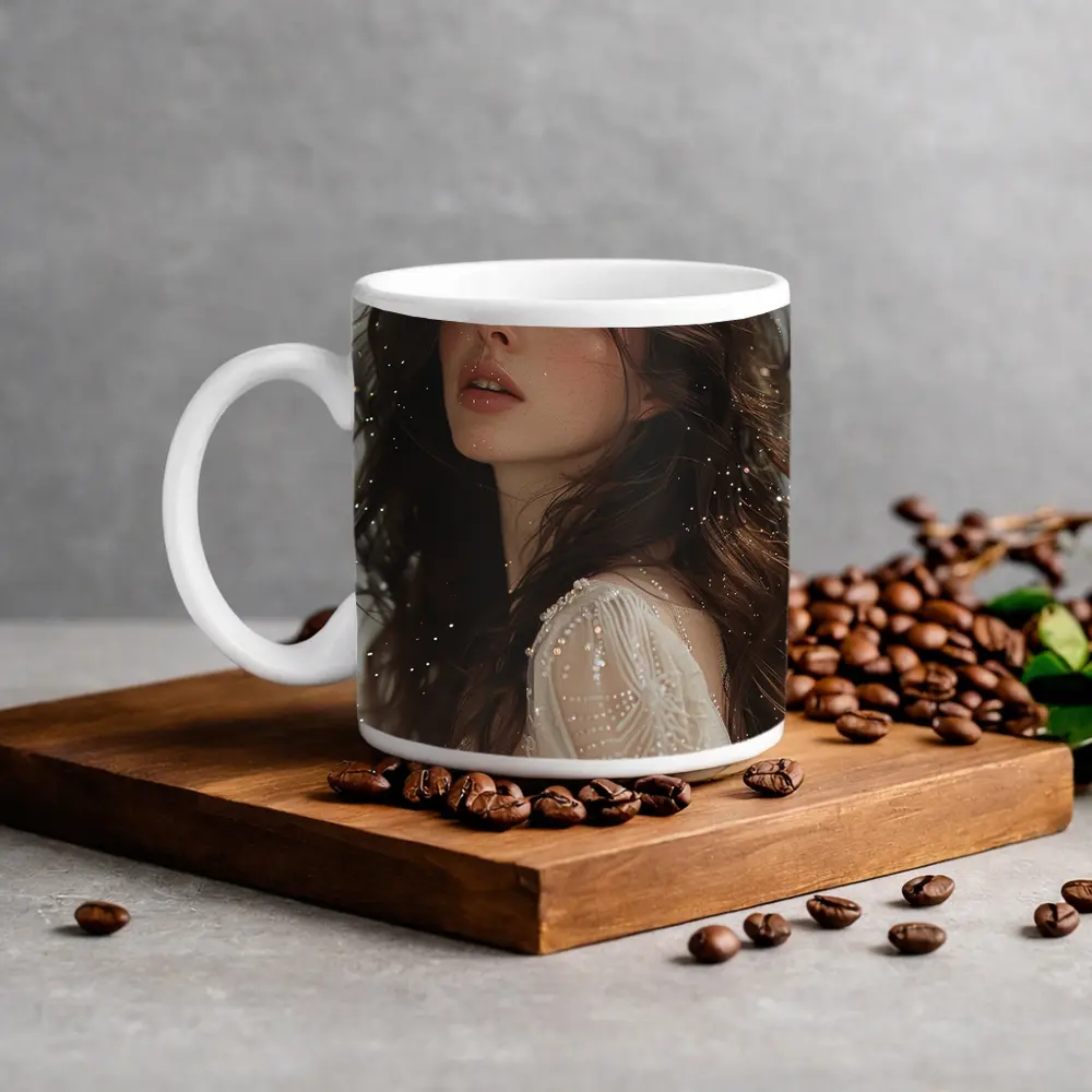 Dark Hair Woman White Lace Dress Portrait – Mugs