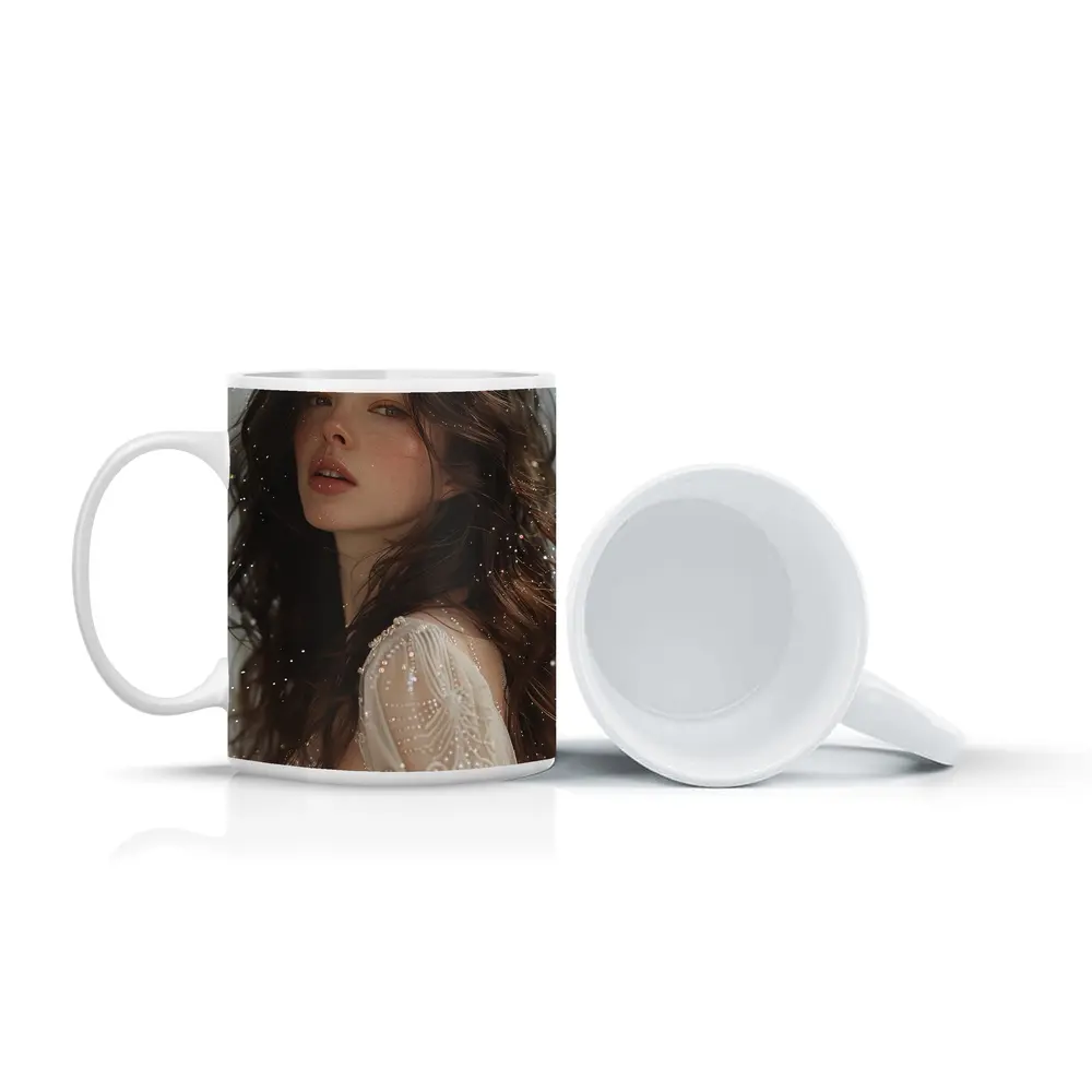 Dark Hair Woman White Lace Dress Portrait – Mugs