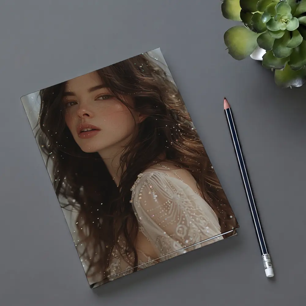 Dark Hair Woman White Lace Dress Portrait – Notebooks