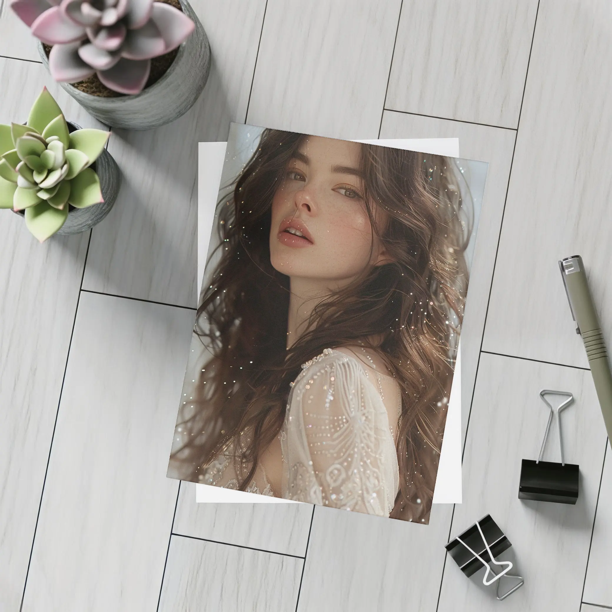 Dark Hair Woman White Lace Dress Portrait – Postcards