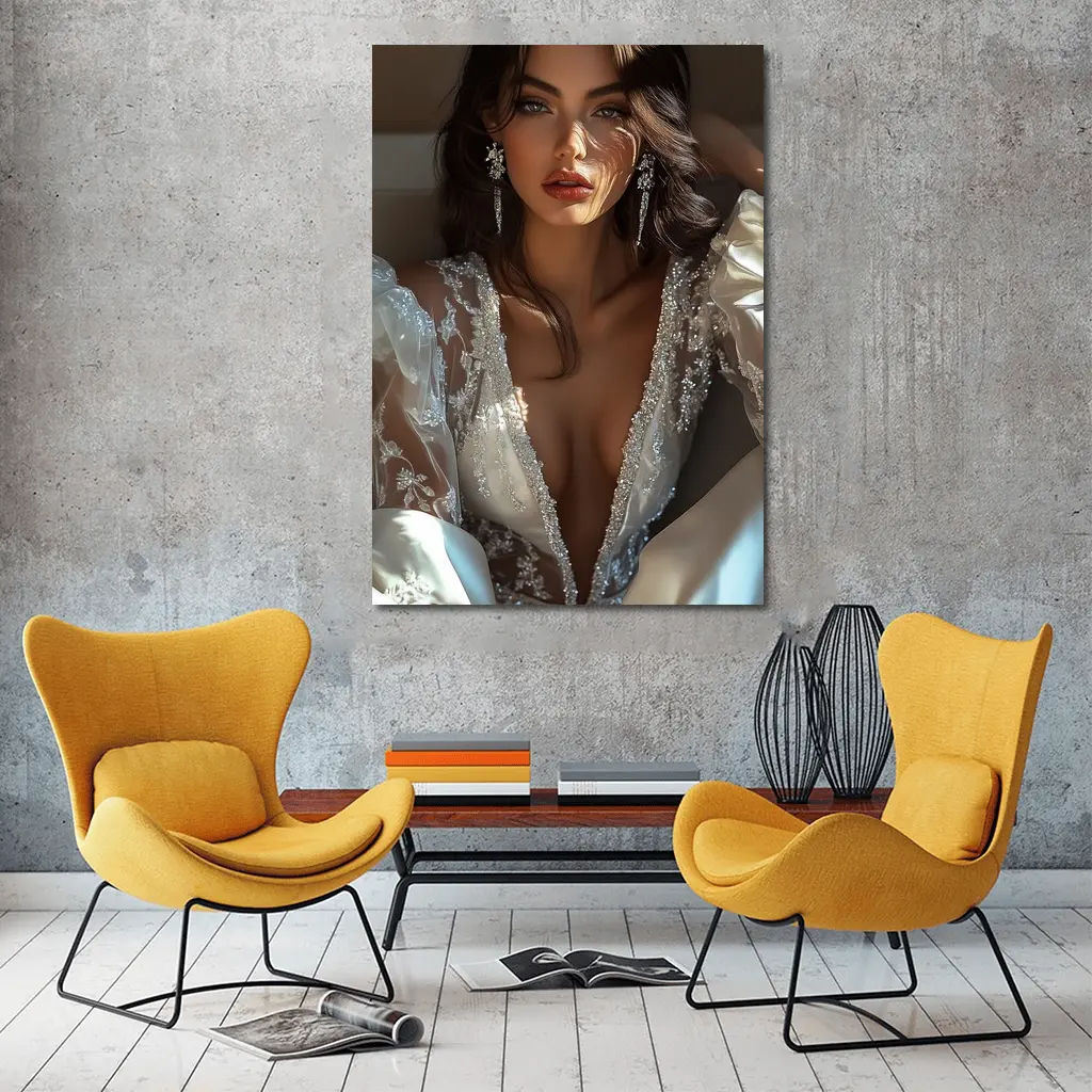 Elegant Woman White Lace Gown Portrait – Wall Art
